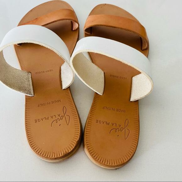 JOIE Sable Leather Two Band Sandals Beige Tan Neutral White Shoes Flats Slide 36 - Picture 5 of 7